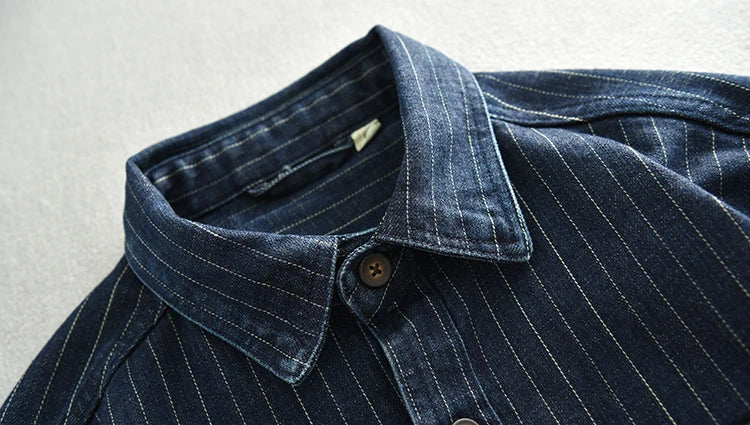 Men's: Cotton Vintage Style Heavy wash striped denim shirt