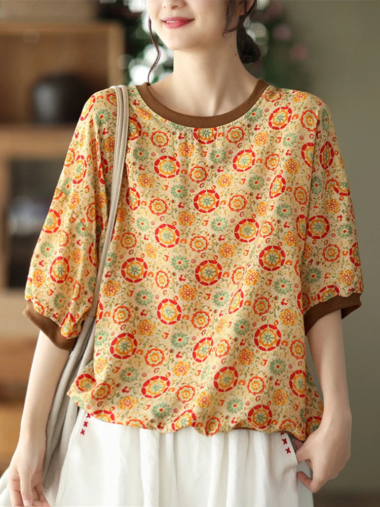 Women's: Vintage Style Linen Tops - Polka Dot Print O-Neck Short Sleeve Casual shirts