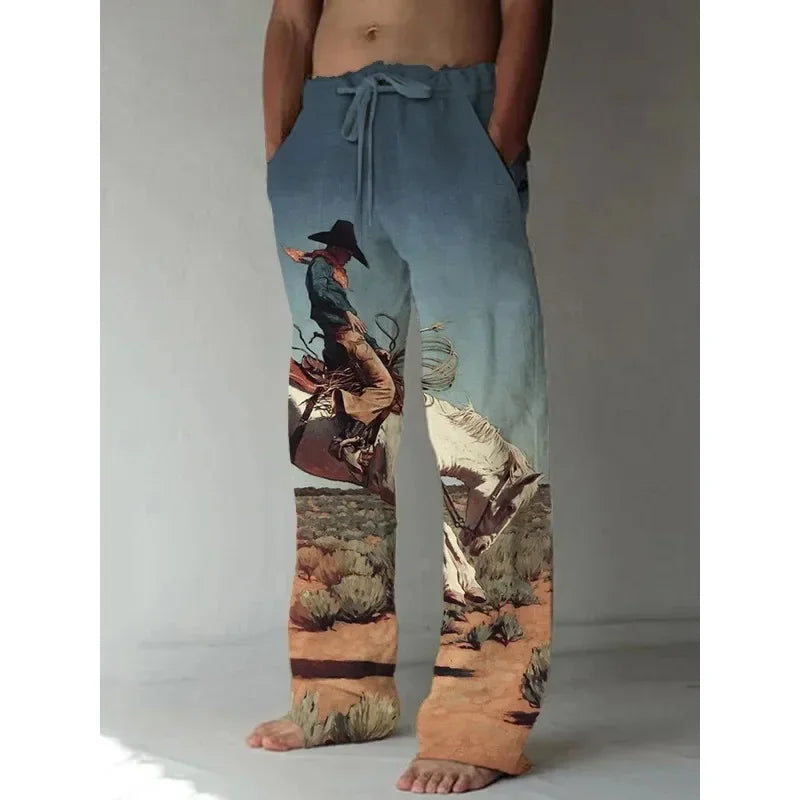 Men's: Linen Japanese Harajuku Style Wide Leg Pants with Fox Raccoon Prints - Casual Summer Trousers Streetwear