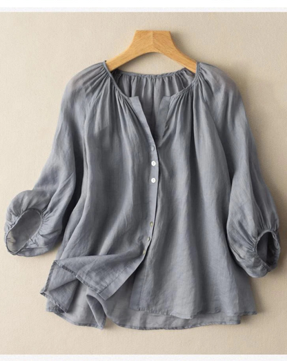 Women's: Retro Style cotton and linen Lantern sleeve shirt with V-neck casual top