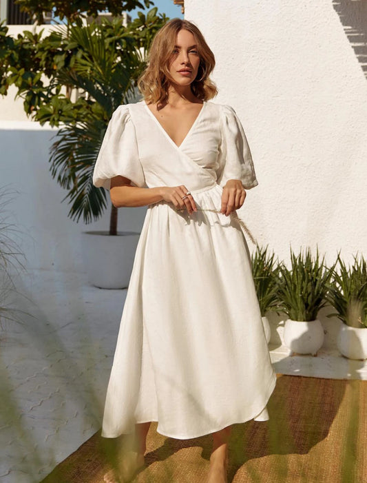 Women’s: 100% Cotton V-neck with Cinched Waist Dress and Lantern Long Sleeve Casual Dress