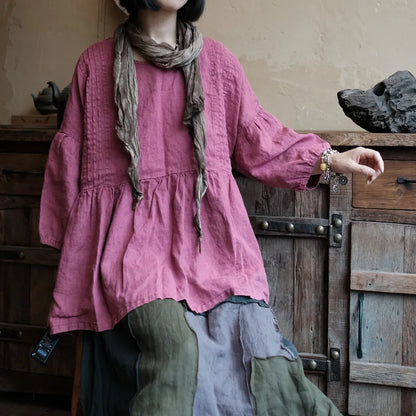 Women's: Linen Vintage Style Pullover Fold Top in Purple, Green, and Rose Red - Autumn Long Sleeve O-Neck Loose Patchwork Shirt