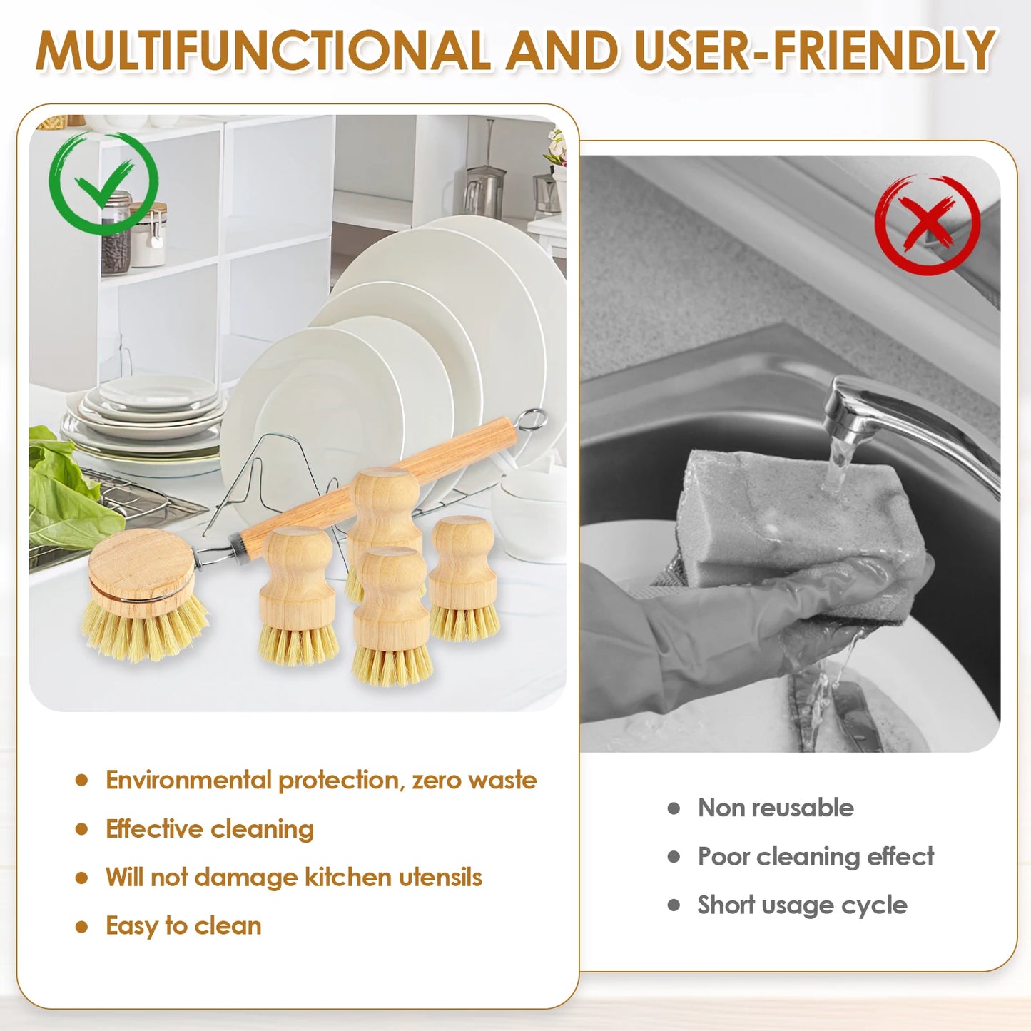 Zero Waste 3-5Pcs Wooden Dish Brush Replaceable Long Handle Kitchen Cleaning Brush Set Natural Sisal Scrubbing Brush for Cleaning Pots Pans