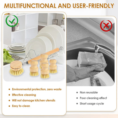 Zero Waste 3-5Pcs Wooden Dish Brush Replaceable Long Handle Kitchen Cleaning Brush Set Natural Sisal Scrubbing Brush for Cleaning Pots Pans