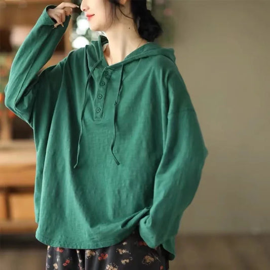 Women's: Cotton Blend Vintage Style Hooded Solid Color Long Sleeve Button Casual Loose Shirt