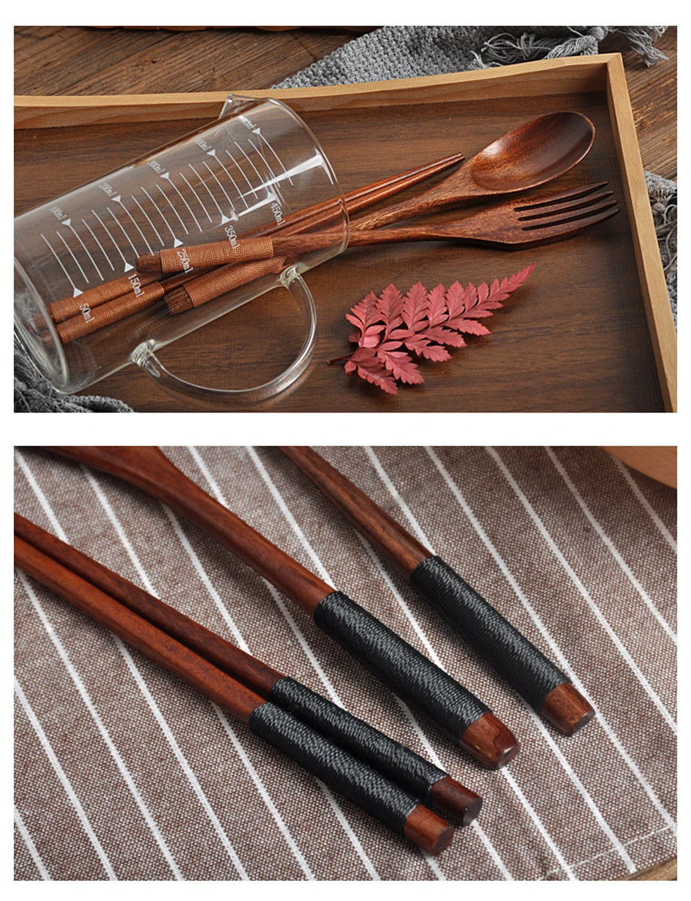 Japanese Style 3pcs Tableware Natural Wood Dinnerware Set - Spoon, Chopsticks, & Fork Cutlery Set