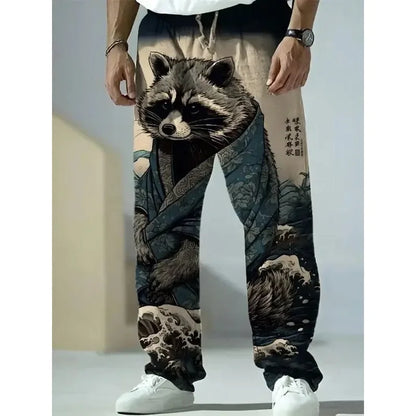 Men's: Linen Japanese Harajuku Style Wide Leg Pants with Fox Raccoon Prints - Casual Summer Trousers Streetwear