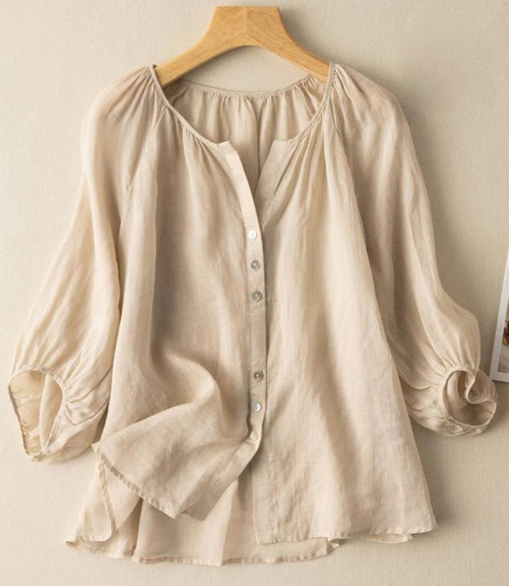 Women's: Retro Style cotton and linen Lantern sleeve shirt with V-neck casual top