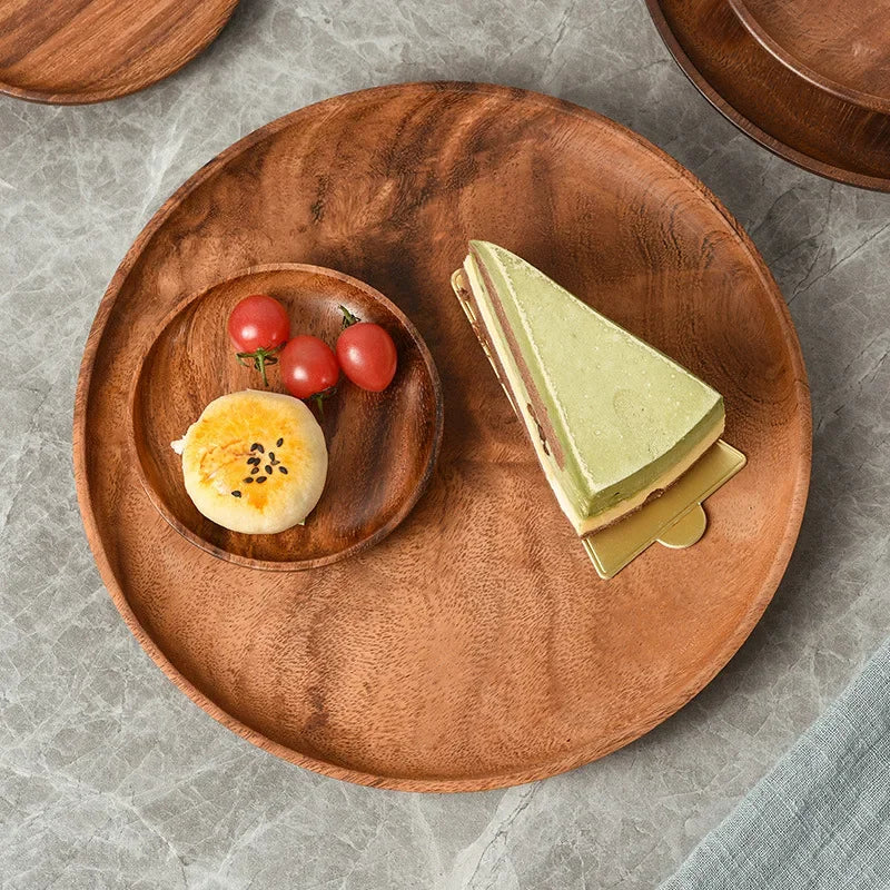 Japanese Household Dishes Made from Acacia Wood - Round Tableware Salad Dessert Tray, Wood Dinnerware Set, Plates & Serving Platter