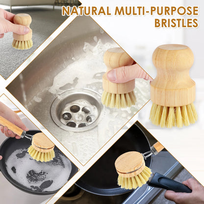 Zero Waste 3-5Pcs Wooden Dish Brush Replaceable Long Handle Kitchen Cleaning Brush Set Natural Sisal Scrubbing Brush for Cleaning Pots Pans