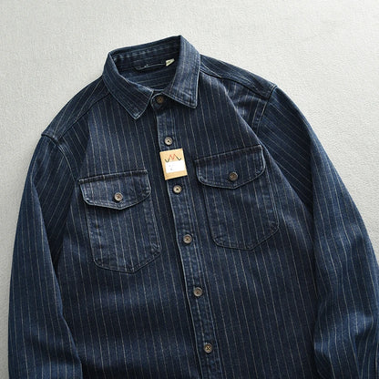 Men's: Cotton Vintage Style Heavy wash striped denim shirt