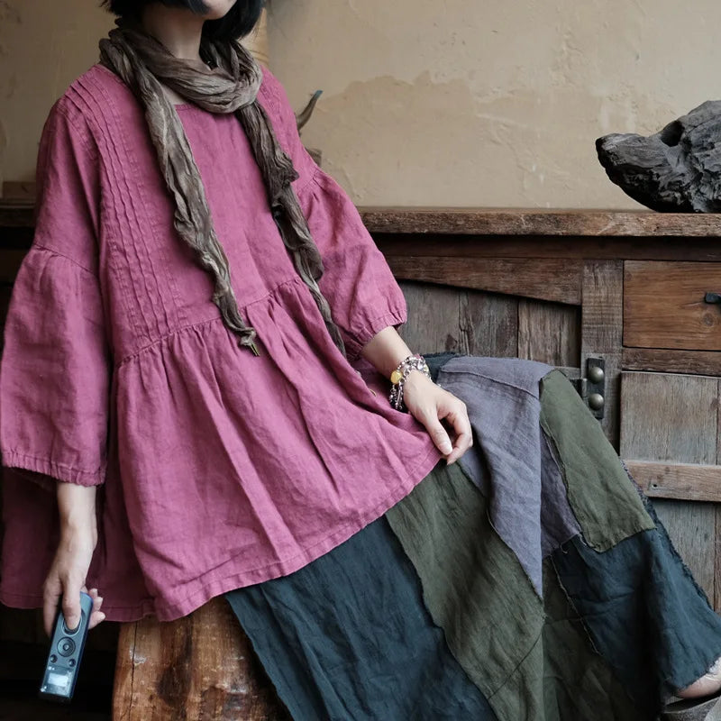 Women's: Linen Vintage Style Pullover Fold Top in Purple, Green, and Rose Red - Autumn Long Sleeve O-Neck Loose Patchwork Shirt