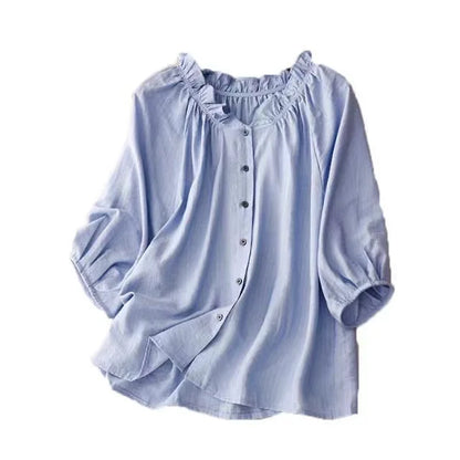 Women's: Retro Style cotton and linen Lantern sleeve shirt with V-neck casual top